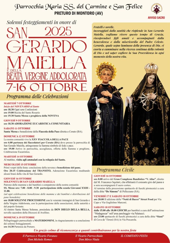 Solenni festeggiamenti in onore di San Gerardo Maiella e della Beata Vergine Addolorata (7-16 ottobre 2025)