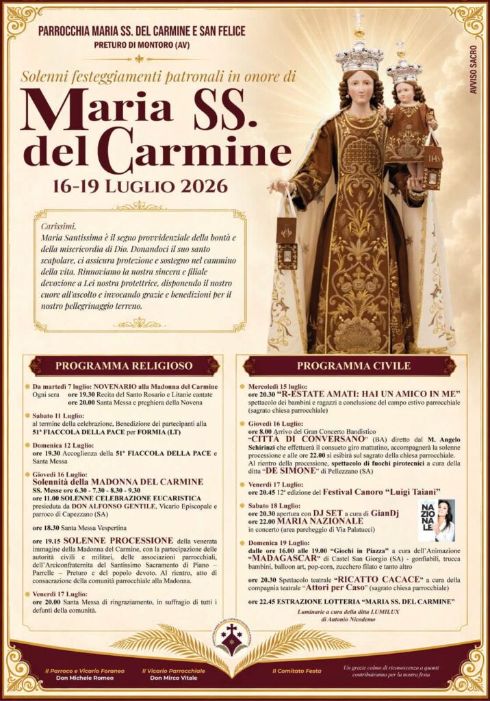 Solenni festeggiamenti patronali in onore di Maria SS. del Carmine (16-19 luglio 2026)