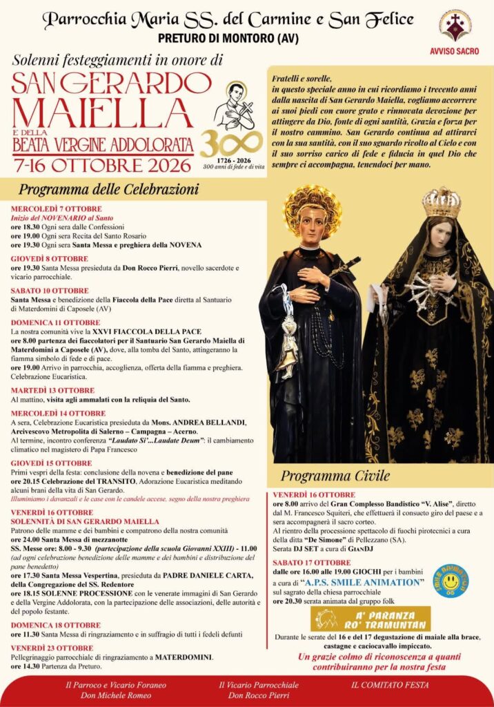 Solenni festeggiamenti in onore di San Gerardo Maiella e della Beata Vergine Addolorata (7-16 ottobre 2026)